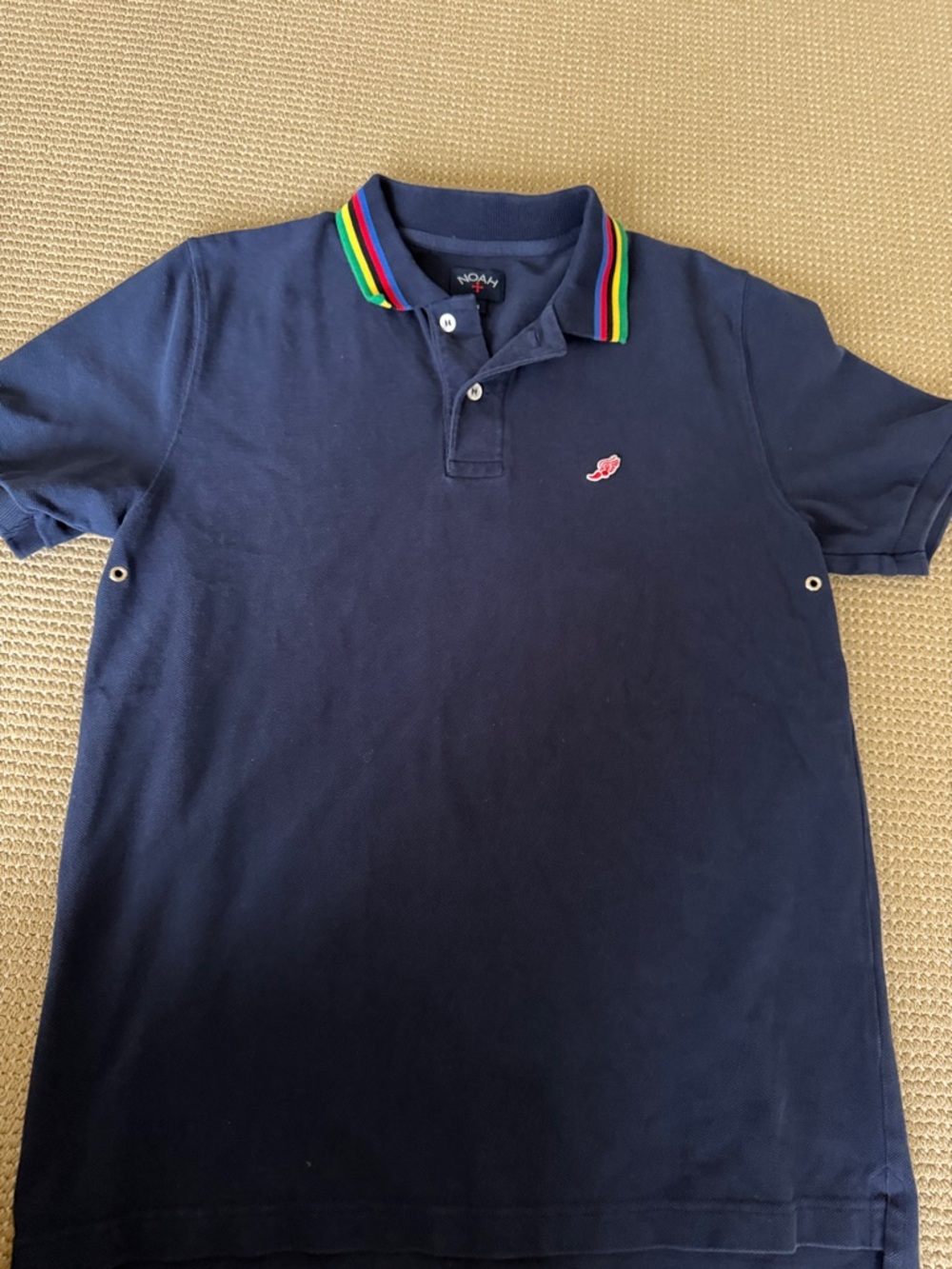 Noah NYC Navy Polo with Rainbow-Striped Collar